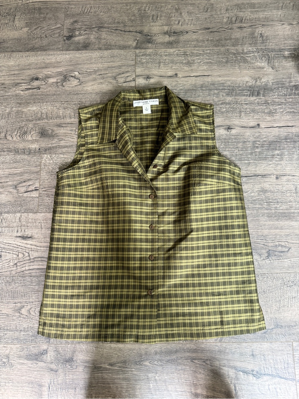 Josephine Chaus Olive Plaid Sleeveless Button Top 100% Silk